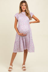 Pink Floral Mock Neck Smocked Ruffe Sleeve Maternity Midi Dress