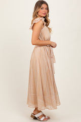 Peach Printed Ruffle Sleeve Sash Tie Midi Dress