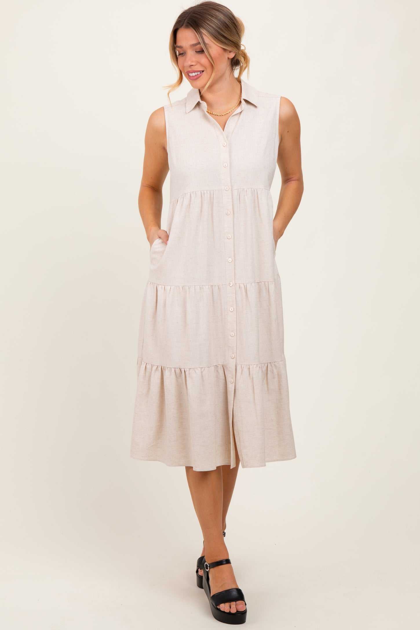 Cream Tiered Sleeveless Midi Shirt Dress