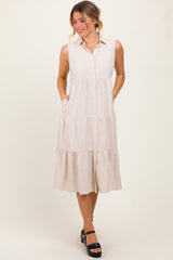 Cream Tiered Sleeveless Midi Shirt Dress