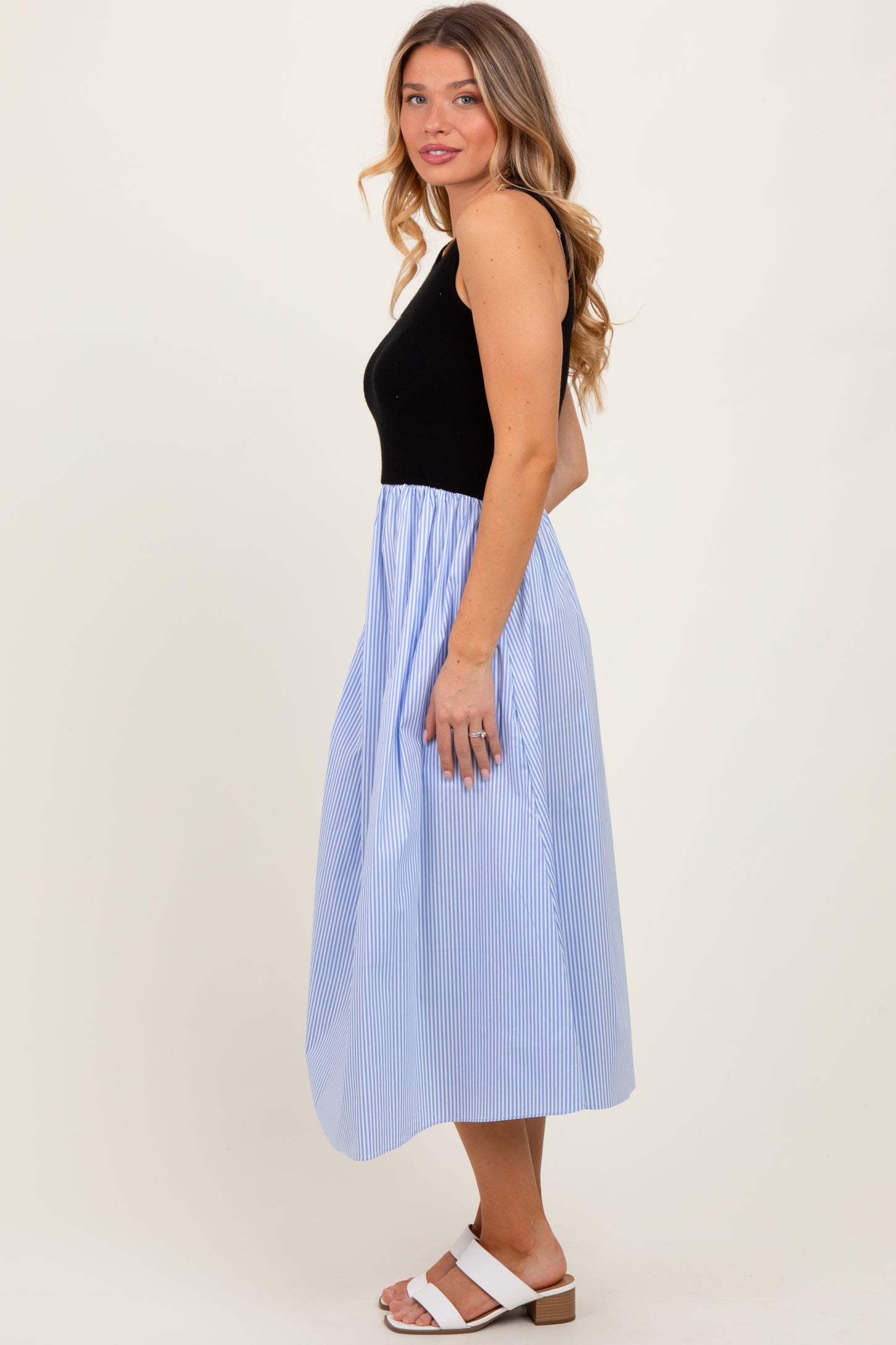 Black Sleeveless Colorblock Striped Skirt Midi Dress