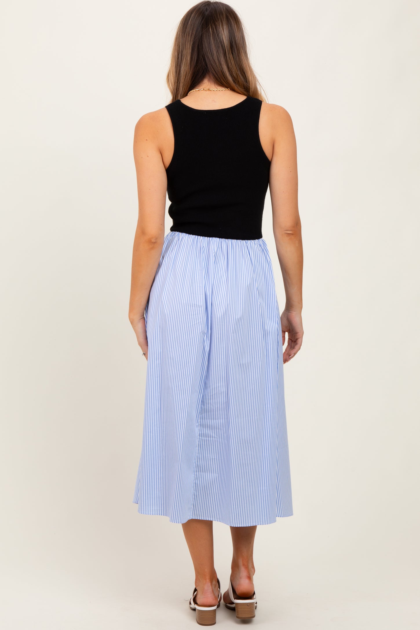 Black Sleeveless Colorblock Striped Skirt Midi Dress