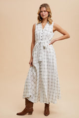 White Plaid Sleeveless Sash Tie Shirt Dress