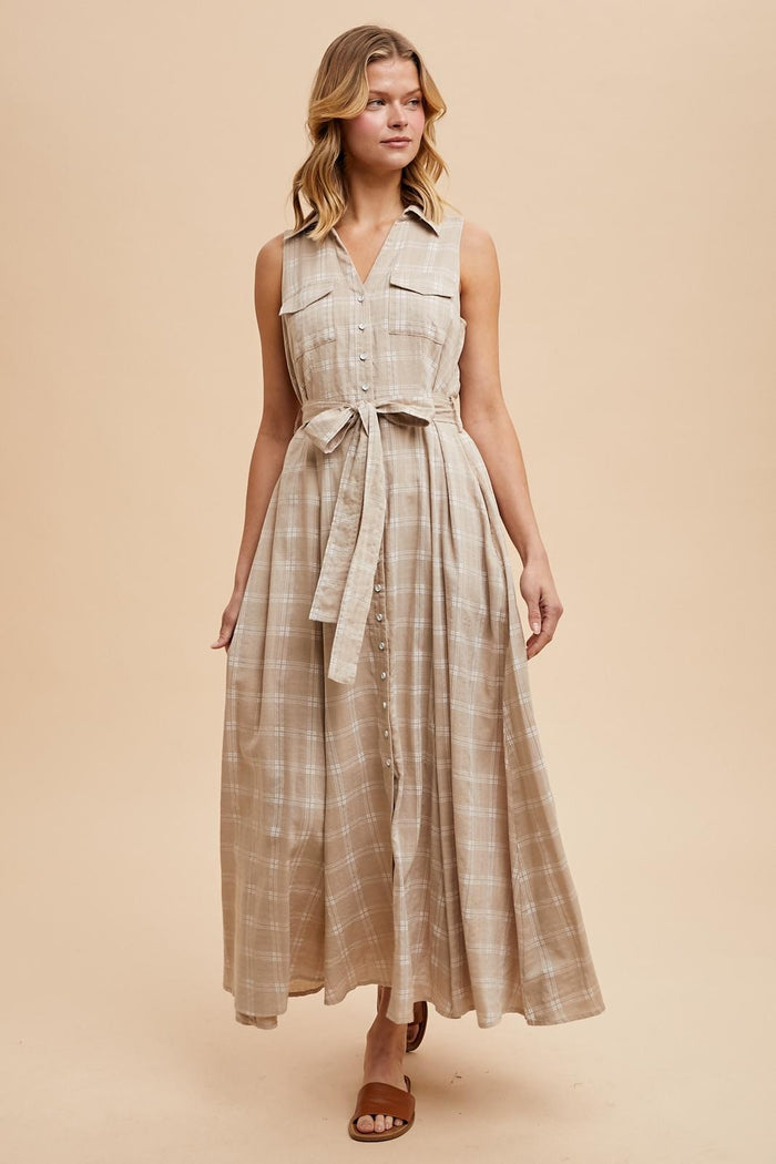 Beige Plaid Sleeveless Sash Tie Shirt Dress