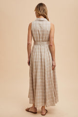 Beige Plaid Sleeveless Sash Tie Shirt Dress