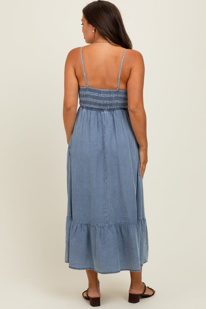 Blue Chambray Smocked Maternity Midi Dress