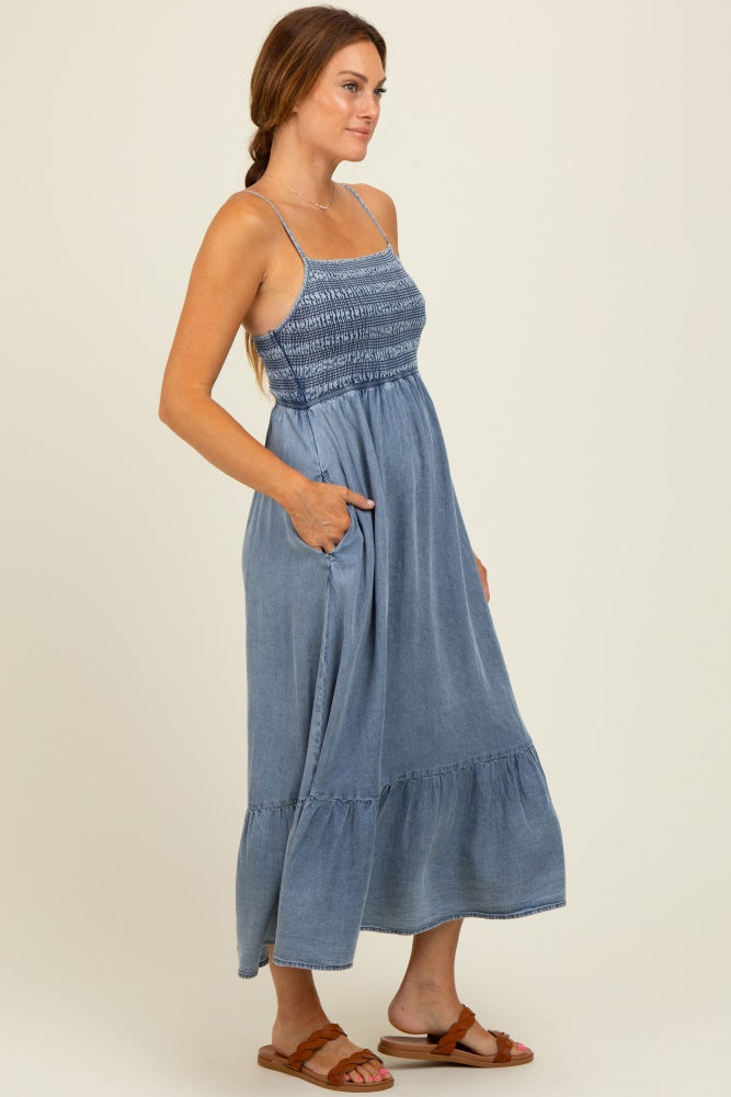 Blue Chambray Smocked Midi Dress