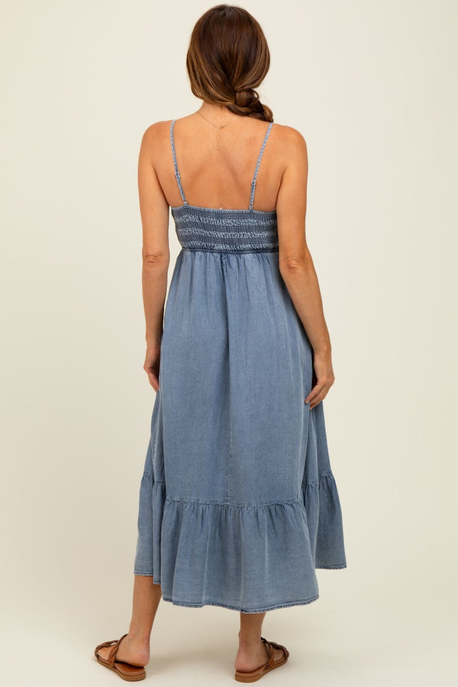 Blue Chambray Smocked Midi Dress