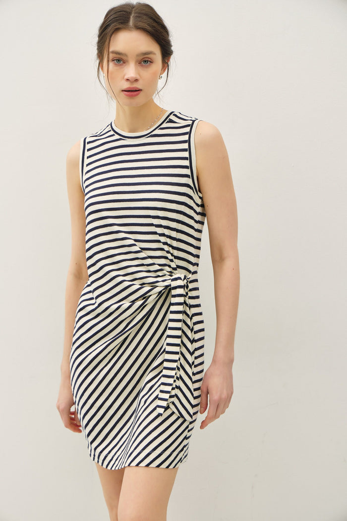 Navy Striped Sleeveless Side Tie Maternity Mini Dress