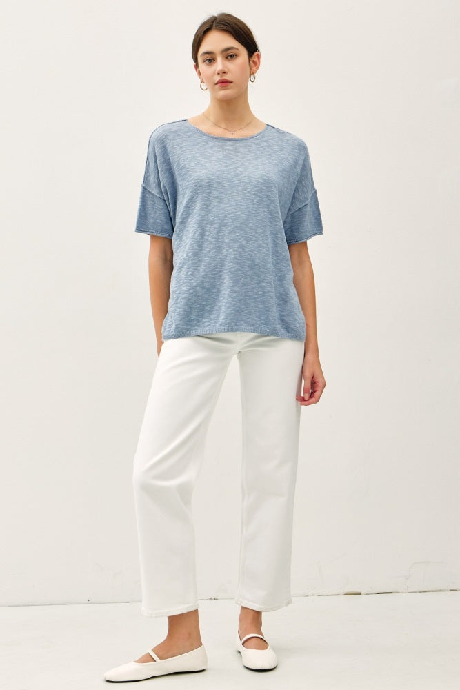 Blue Knit Drop Shoulder Short Sleeve Top