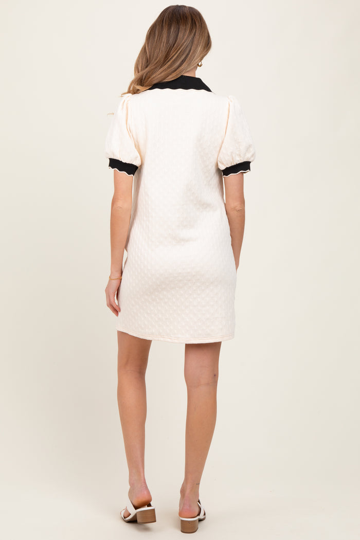 Cream Textured Knit Contrast Collar Maternity Mini Dress