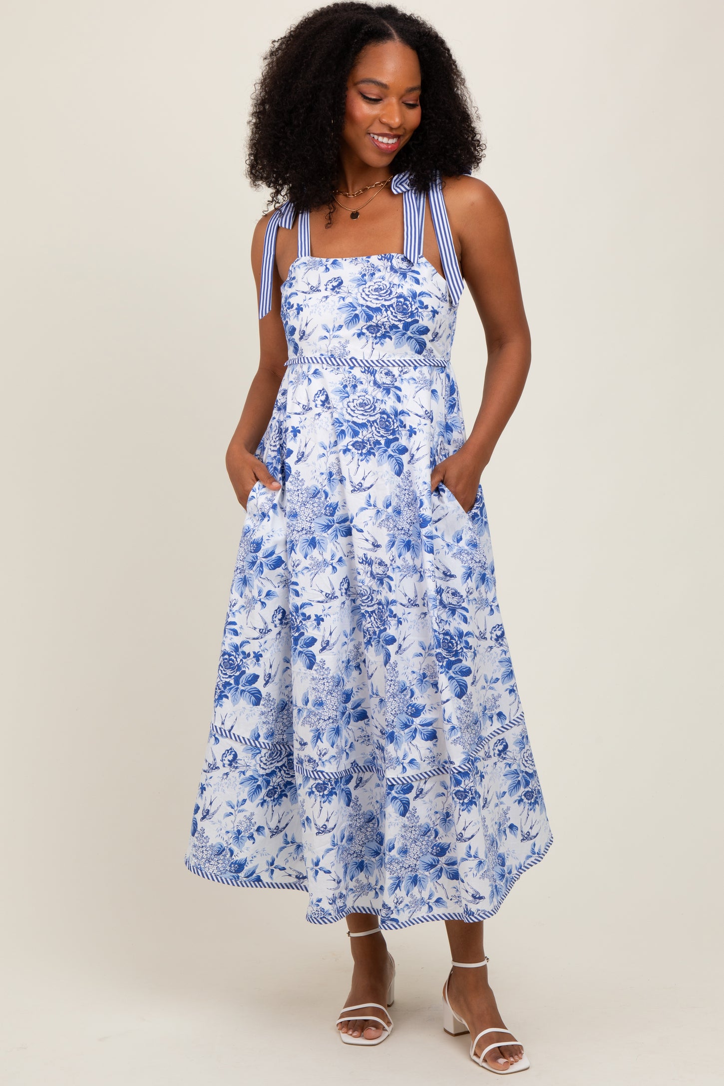 Blue Floral Shoulder Tie Striped Trim Midi Dress