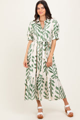Olive Leaf Print Scallop Trim Maternity Midi Shirt Dress
