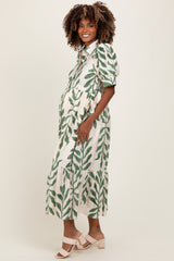 Olive Leaf Print Scallop Trim Maternity Midi Shirt Dress