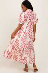 Pink Leaf Print Scallop Trim Midi Shirt Dress