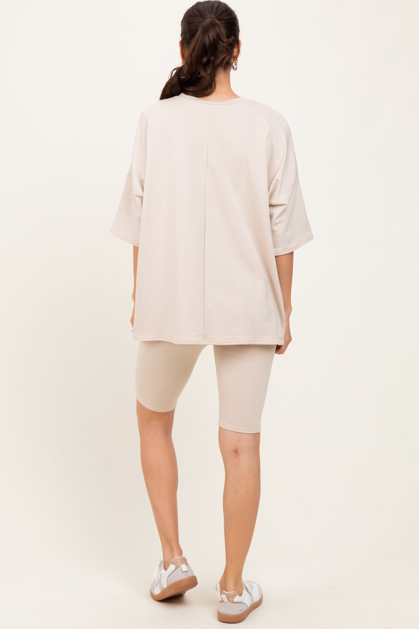 Beige Oversized Short Sleeve Biker Short Set