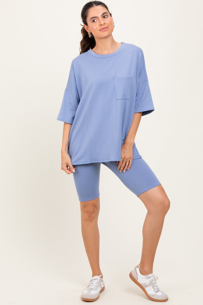 Blue Oversized Short Sleeve Biker Short Set