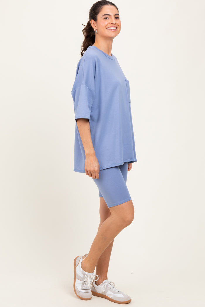 Blue Oversized Short Sleeve Biker Short Set
