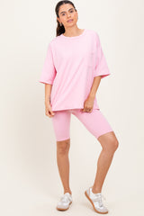 Light Pink Oversized Short Sleeve Biker Short Maternity Set
