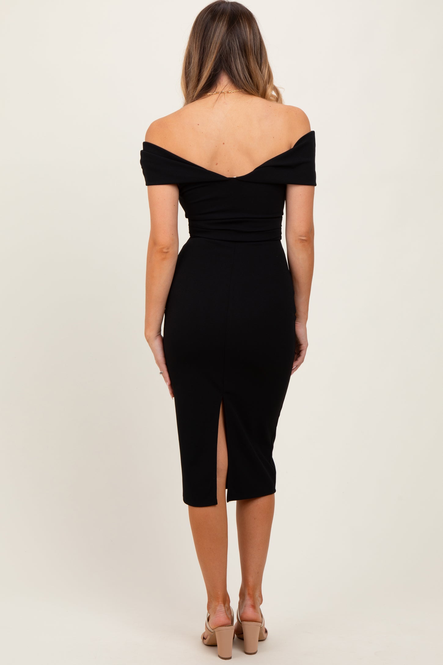 Black Off Shoulder Fitted Midi Dress