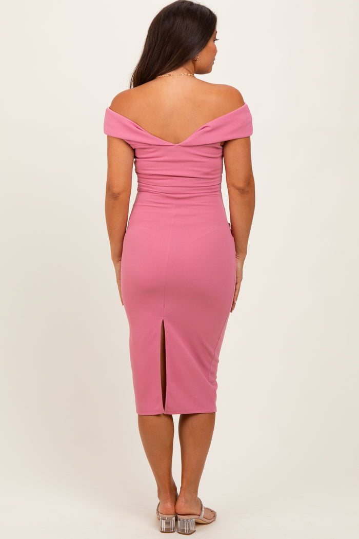 Mauve Off Shoulder Fitted Maternity Midi Dress