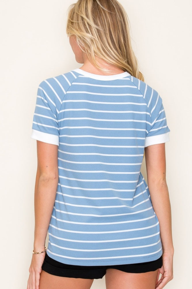 Blue Striped Contrast Border Top