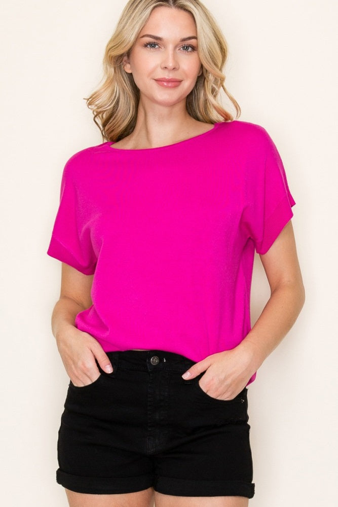 Fuchsia Knit Short Sleeve Top