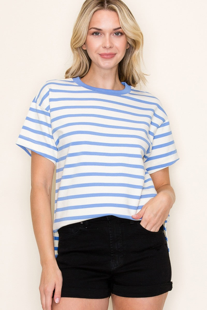 Blue Striped Terry Short Sleeve Top