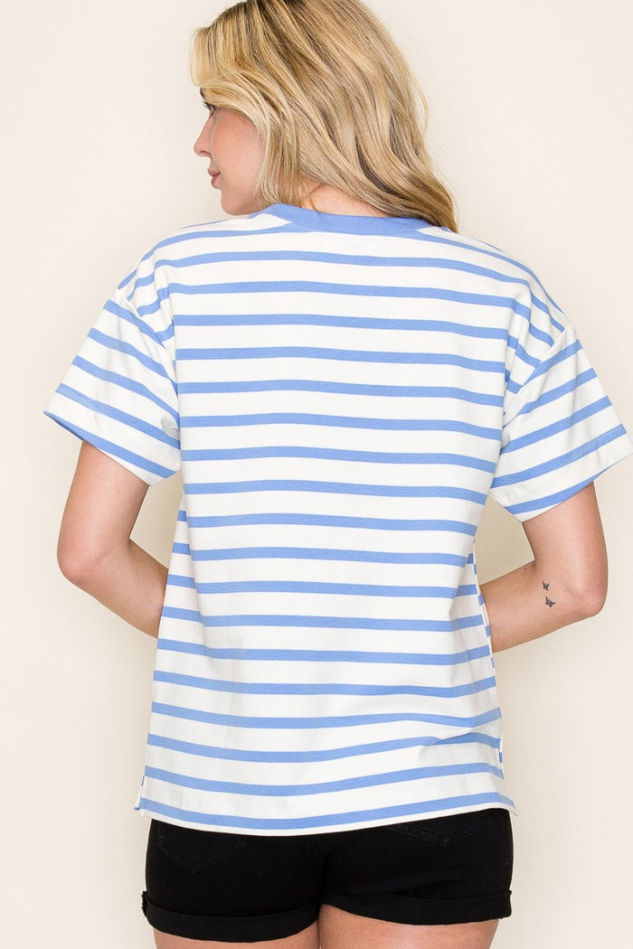 Blue Striped Terry Short Sleeve Top