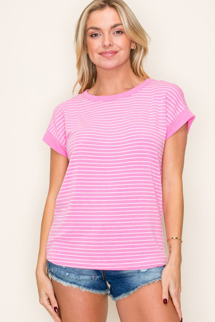 Pink Striped Terry Maternity Short Sleeve Top