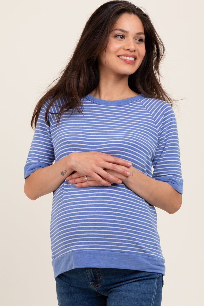 Blue Terry Striped Raglan Sleeve Maternity Top