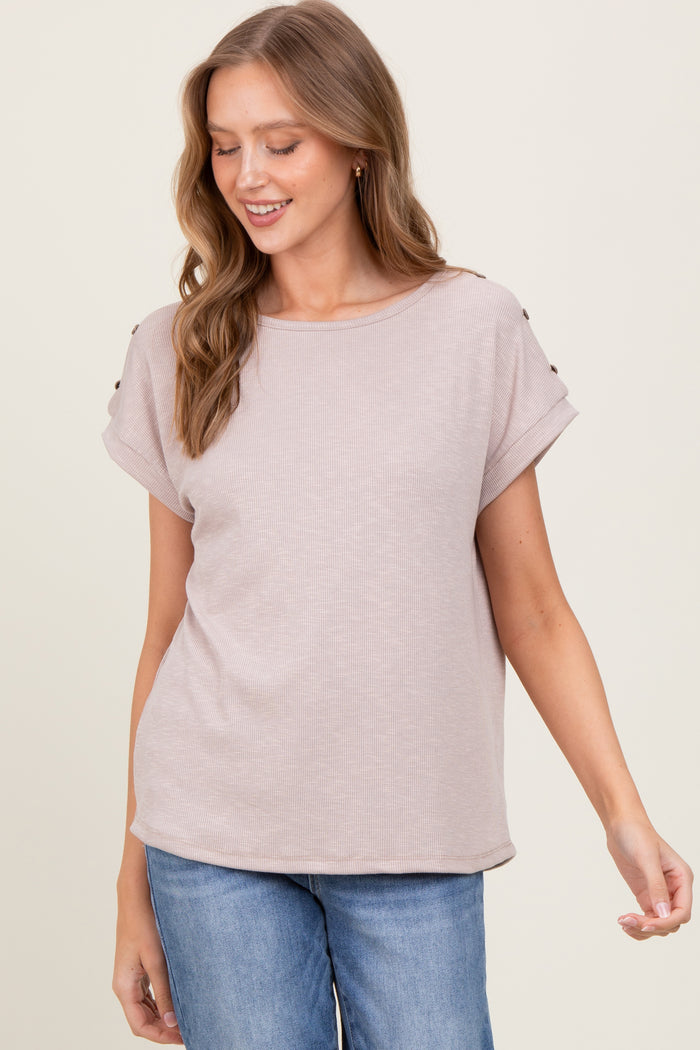 Taupe Button Shoulder Detail Short Sleeve Top