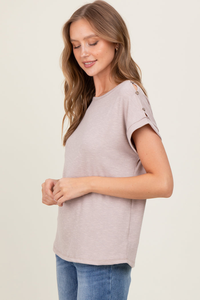 Taupe Button Shoulder Detail Short Sleeve Top