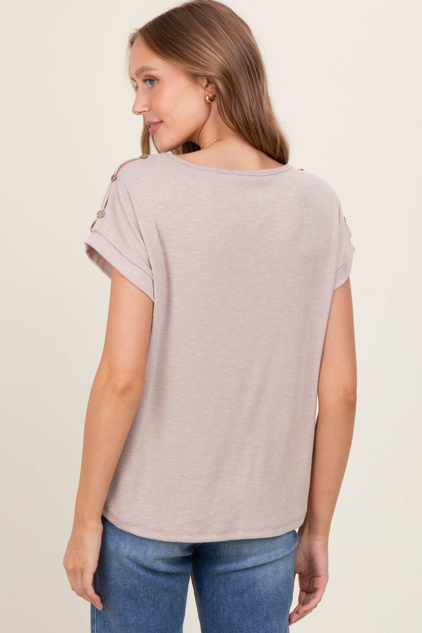 Taupe Button Shoulder Detail Short Sleeve Top