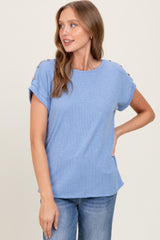 Blue Button Shoulder Detail Short Sleeve Top