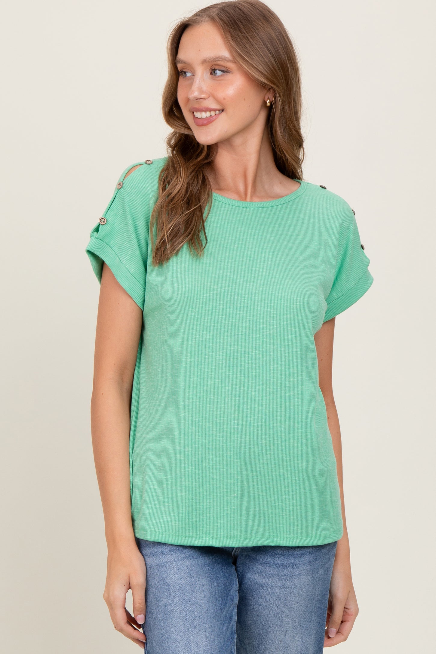 Green Button Shoulder Detail Short Sleeve Top