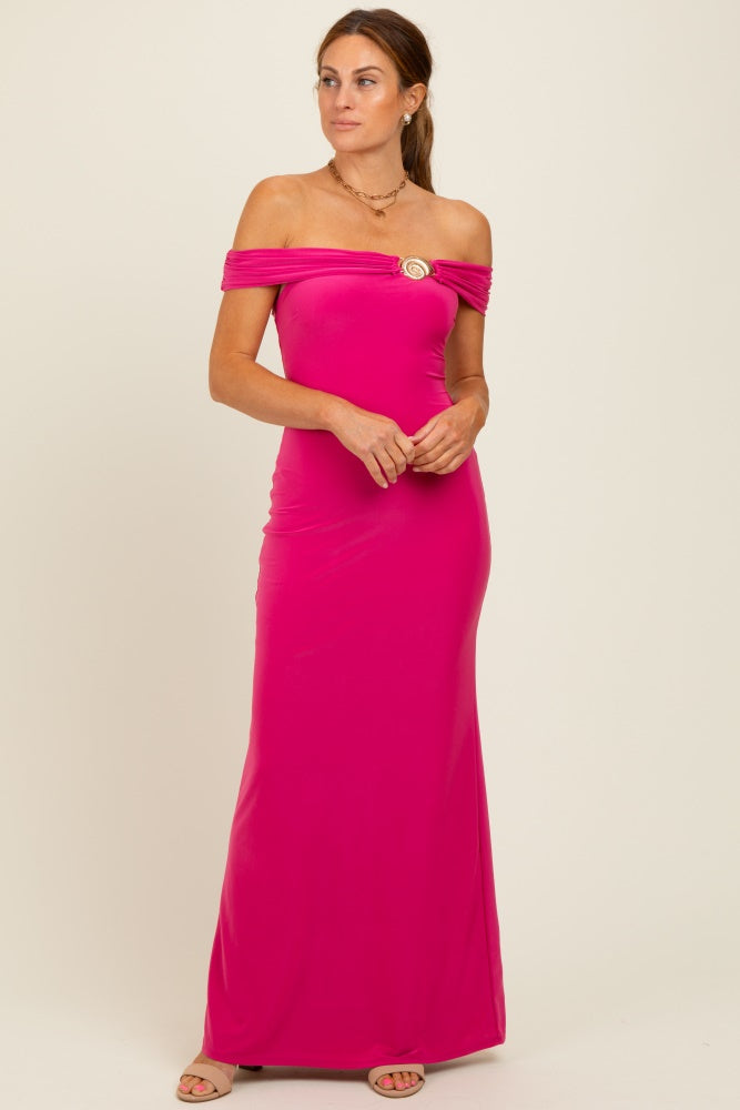 Fuchsia Off Shoulder Seashell Pendant Maternity Maxi Dress