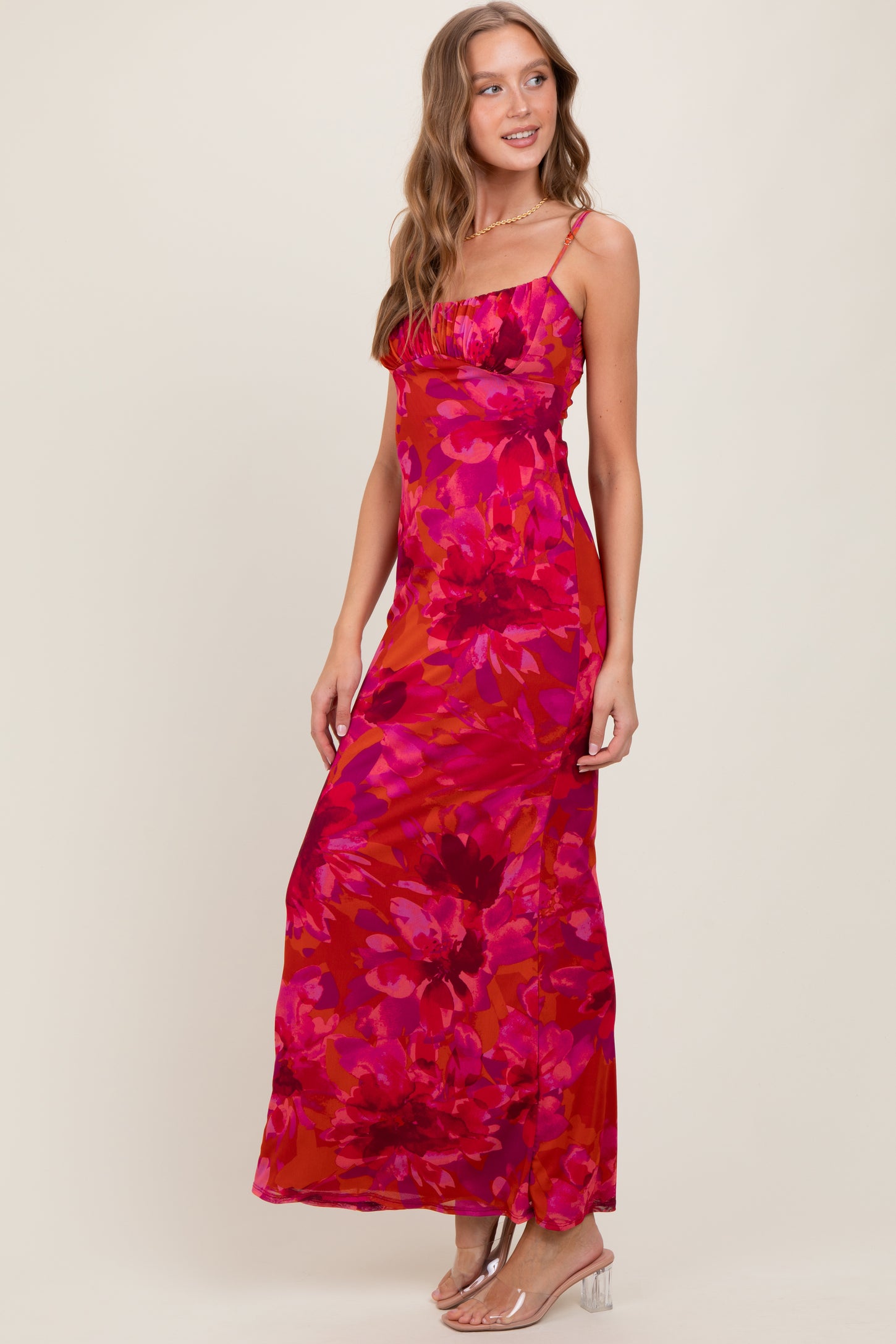 Magenta Floral Back Cutout Midi Dress