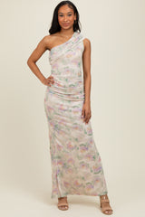 Cream One Shoulder Ruched Maternity Maxi Dress