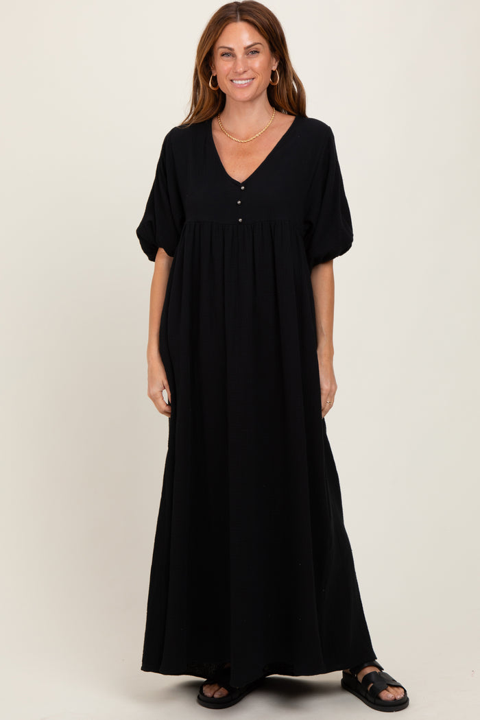 Black Solid Woven Elbow Sleeve V-Neck Button Down Maternity Maxi Dress