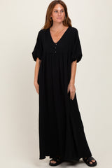 Black Solid Woven Elbow Sleeve V-Neck Button Down Maxi Dress