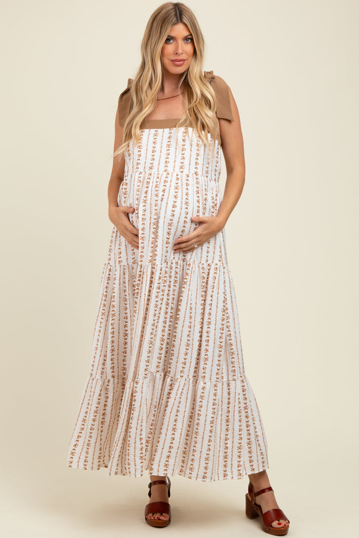 Mocha/White Ditzy Floral Sleeveless Tiered Maternity Maxi Dress