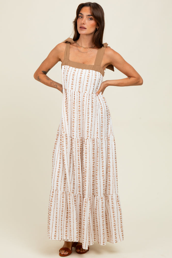 Mocha/White Ditzy Floral Sleeveless Tiered Maxi Dress