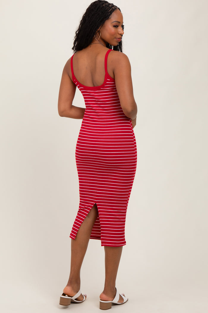 Red Striped Thin Strap Fitted Midi Dress