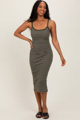 Olive Striped Thin Strap Fitted Midi Dress