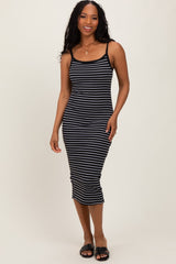Black Striped Thin Strap Fitted Midi Dress