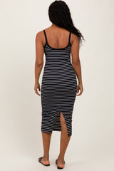 Black Striped Thin Strap Fitted Midi Dress