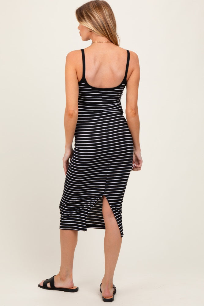 Black Striped Thin Strap Fitted Maternity Midi Dress