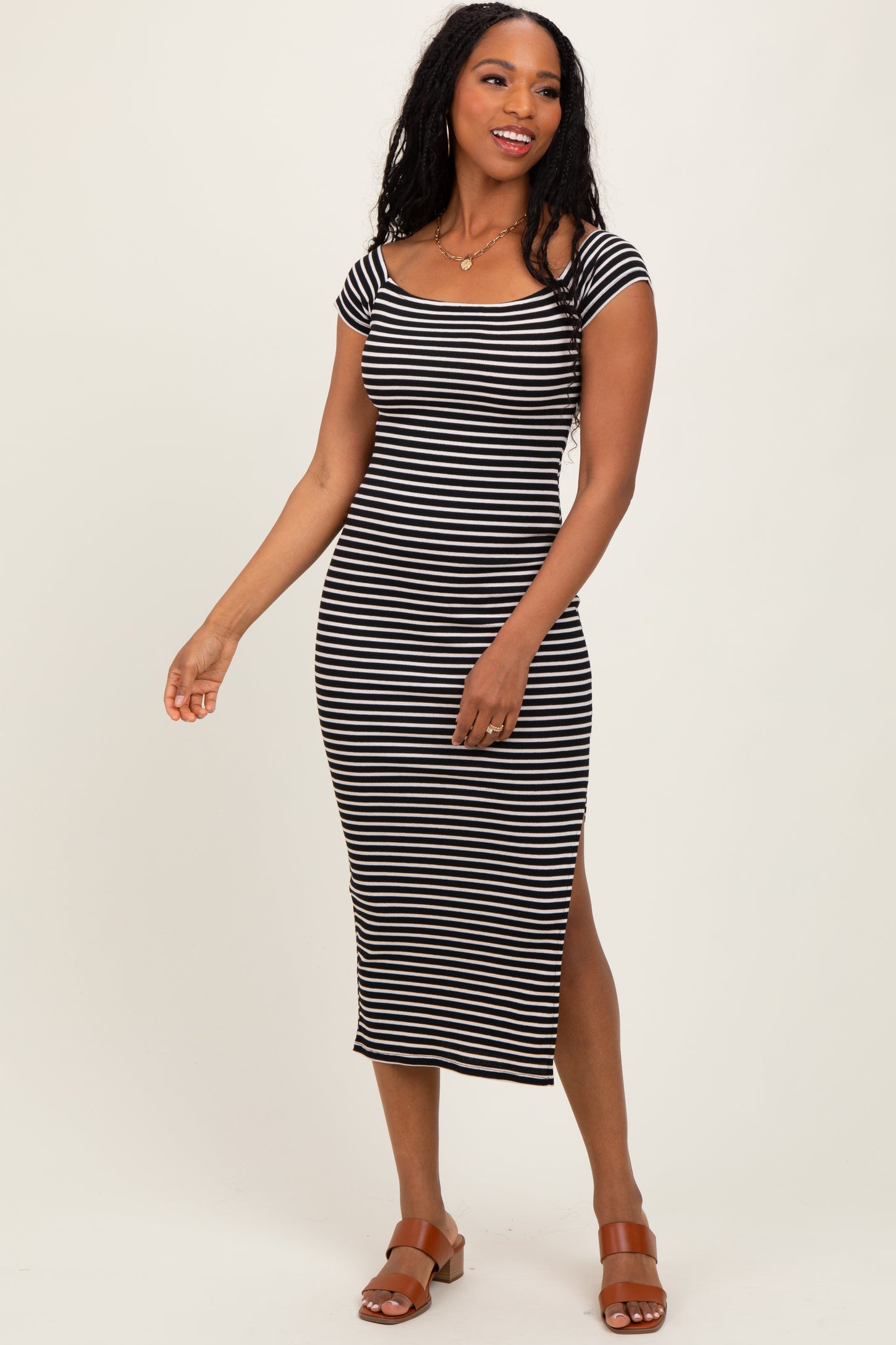 Black Striped Off Shoulder Side Slit Midi Dress