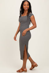 Black Striped Off Shoulder Side Slit Midi Dress